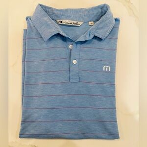 Travis Mathew Light Blue Polo with Thin Red Stripes, Large